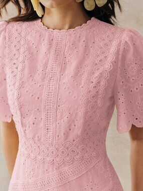 Pink Elegant Women's Floral Trim Round Neck Waist Cinched Short Sleeve Dress